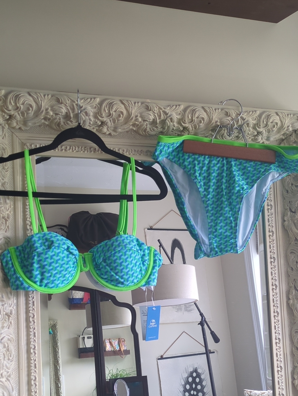 Cupshe Blue-Green Patterned Underwire Bikini with Neon Lime Trim